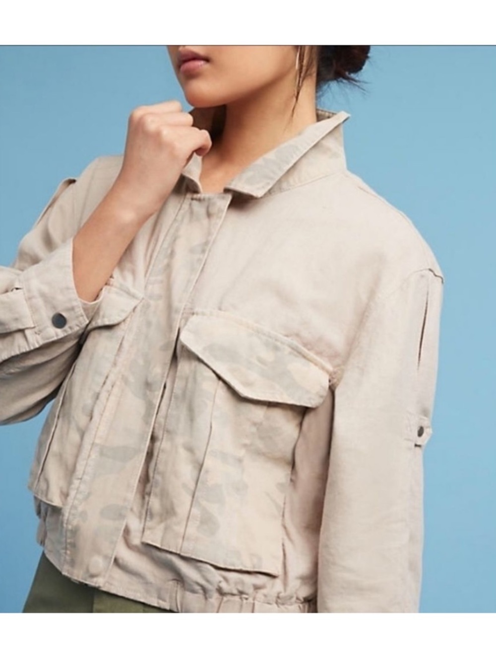 Anthropologie HEI HEI Khaki Camo Linen Cropped Jacket L
